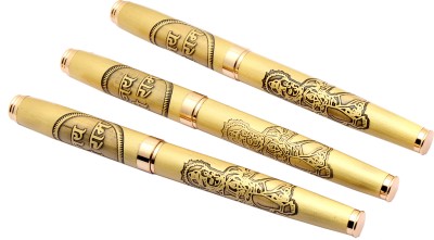 Ledos Set Of 3 Lord Hanuman Ji Engraved Arrow Clip Golden Trims Blue Refill Roller Ball Pen(Pack of 3, Blue)