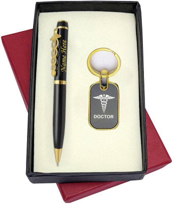 UJJi Doctor Logo Clip Pen in Gold Part with Doctor Logo Keuchain and Pen Gift Set(Ink Color - Blue )