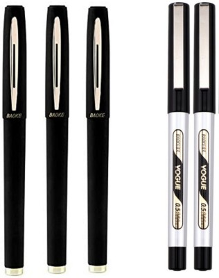 Baoke 0.5mm Smooth writing Black ink gel pen &Free rollerball 0.5mm 2 pcs black pens Gel Pen(Pack of 5, Black)