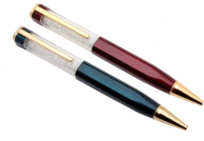 Ledos Set Of 2 White Crystal Diamond Cap Metal Body With Golden Trims Ball Pen(Pack of 2, Blue Refill)