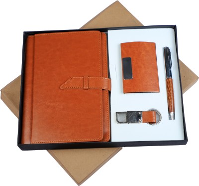 BLISSWELL 4 in 1 Multi-Functional Mini Diary, Metal Pen, Metal Keychain and Card Holder A5 Gift Set Ruled 192 Pages(Tan)