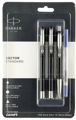 PARKER VECTOR STANDARD BLACK CT FOUNTAIN PEN, ROLLERBALL PEN & BALL PEN SET Roller Ball Pen(Ink Color - BALCK)