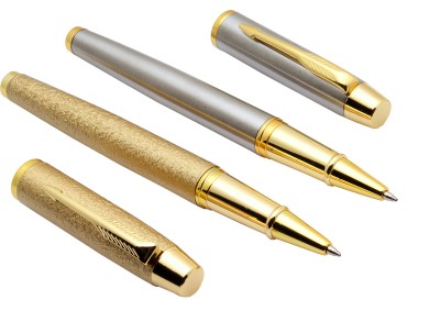 Ledos Set Of Gold Sand Finish & Stainless Steel Metal Body Roller Ball Pen(Pack of 2, Blue Refill)