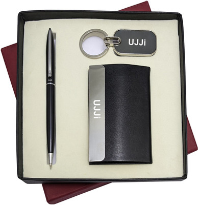 UJJi 3in1 Combo Set with Slim Design Ball Pen, Keychain and ATM Card Holder Pen Gift Set(Pack of 2, Ink Color - Blue )