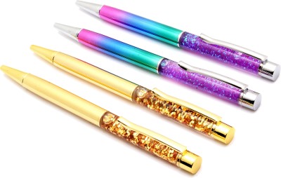 Ledos Set Of 4 RAINBOW & GOLD Color Dynamic Liquid Sand Blue Refill Retractable Ball Pen(Pack of 4, Blue)