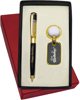 UJJi Happy Birthday Printed Golden Gel Filled Brass Body Ball Pen & Metal Keychain Pen Gift Set(Pack of 2, Ink Color - Blue )