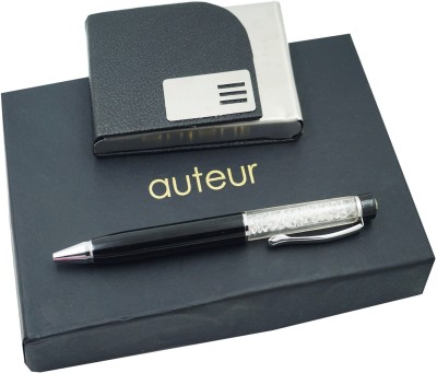 auteur Crystal Black Ball Pen & A Premium RFID Safe Card Holder In Black,Metal Body Pen Gift Set(Pack of 2)