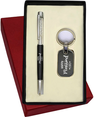 UJJi 2 in 1 Happy Married Life Printed Combo Set with Cristal Pen with Keychain Pen Gift Set(Pack of 2, Ink Color - Blue )