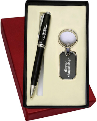 UJJi Happy Anniversary Logo Engraved Metal Pen & Keyring Combo Pen Gift Set(Pack of 2, Ink Color - Blue )