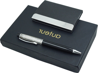 auteur Premium Leathertte RFID Safe (Card Holder+Metal Body Ball Pen) For Men & Women Stationery Set(Pack of 2, Ink Color - Blue)