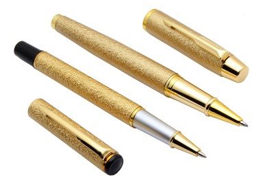 Ledos Set Of 2 Gold Sand Finish Rock Textured Metal Body Roller Ball Pen(Pack of 2, Blue Refill)
