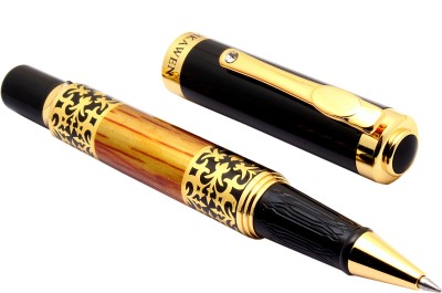 Ledos Dikawen Royal Orange Wood Textured Metal Body Golden Trims Blue Ink Refill Roller Ball Pen(Blue)
