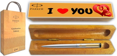 PARKER VECTOR STAINLESS STEEL GT BP With Wooden I Love You Wishing Gift Box & Gift Bag Ball Pen(Blue)