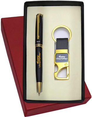UJJi Happy Anniversary Engraved Brass Body Black Colour Pen & Metal Hook Keychain Pen Gift Set(Pack of 2, Ink Color - Blue )