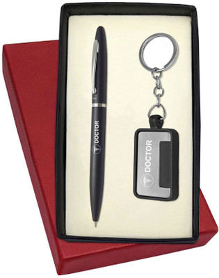 UJJi Doctor Logo Engraved Metal Keychaind with Matte Black Twist Mechanism Pen Gift Set(Pack of 2, Ink Color - Blue )