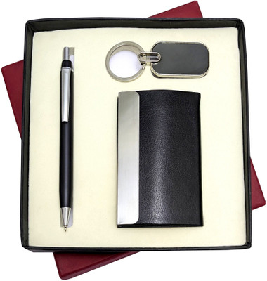 UJJi Click Mechanism Black Metal Pen with Card Holder Pen Gift Set(Pack of 3, Ink Color - Blue )