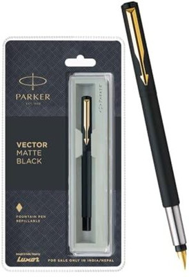 PARKER Vector Matte Black, Gold Trim With Gold Finish Nib Fountain Pen(Ink Color - Blue)