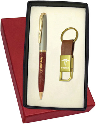 UJJi Doctor Logo Leather Coated Brown with Golden Part Keychain and Pen Gift Set(Pack of 2, Ink Color - Blue )
