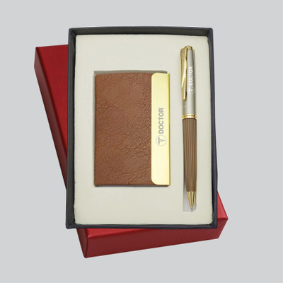 UJJi Doctor Logo Printed Gift with Line Pattern Brown Pen with Card Holder Ball Pen(Pack of 2, Ink Color - Blue)
