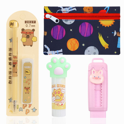 Ikko Bare Mechanical Pencil with 12 extra lid, Cat Paw Glue Stick & Pink Eraser Stationery Set(Pack of 4, Ink Color - Multicolor)