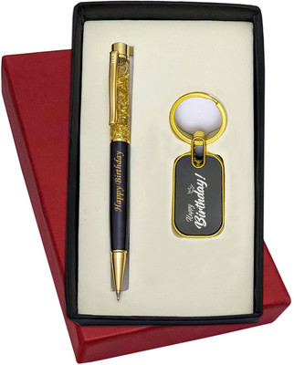 UJJi Happy Birthday Printed Golden Gel Filled Brass Body Ball Pen & Keychain Pen Gift Set(Pack of 2, Ink Color - Blue )
