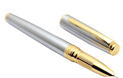 Ledos Dikawen 8075 Brushed Steel Body Hooded Fine Nib Golden Trims Fountain Pen(Ink Color - converter system)