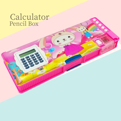 poksi Big Pencil Box with calculator and Button operated pencil stand Inside | Bunny Pink Pencil Box for Kids Art Plastic Pencil Box(Set of 1, Purple)
