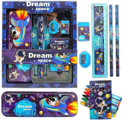 fixer Stationary Set for Kids | Pencil Box Set | Return Gift | Pencil Eraser Sharpener Astronaut Art Metal Pencil Box(Set of 7, Multicolor)