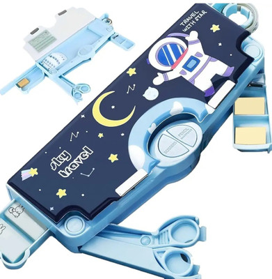 JOY MAKER Space Theme Buttons Operated Magnetic Pencil Stationery Box (with Accessories) Space Theme Trending Return Gift Geometry Compass Box for School Students Art Plastic Pencil Box(Set of 1, Dark Blue)