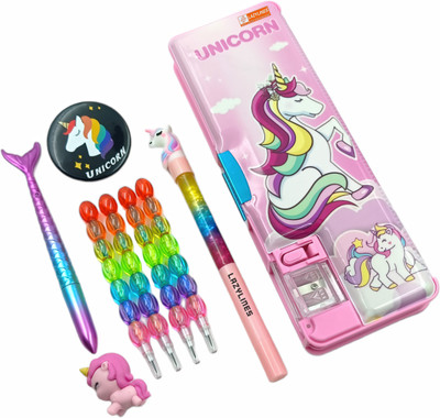 LAZYLINES Unicorn Pencil Box Inbuild Sharpener and LED Lamp Light with Dual Compartment Magnetic Lock with Stationery Set for Girls Art Plastic Pencil Box(Set of 9, Pink)