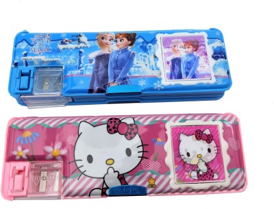 Paper Bear Hello Kitty Kitty, Frozen Art Plastic Pencil Boxes(Set of 2, Pink, Light Blue)