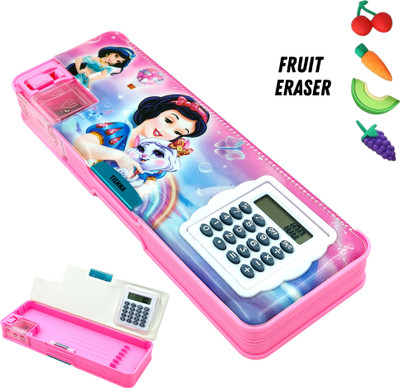 tishna Inbuilt Calculator & Sharpener for Girls and Boys Birthday Return Gift Disney Princess Art Plastic Pencil Box(Set of 1, Pink)