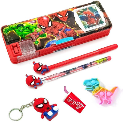 ShreeBalaji Pencil Box (5 Items) Combo 1 Pen 1 Pencil 1 Eraser 1 Key Chain Geometry Box Printed Art Plastic Pencil Box(Set of 5, Red)