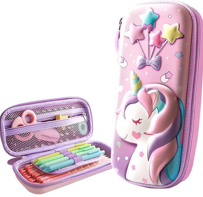 JOY MAKER 3D Cover Unicorn EVA Pencil Compass Case Pouch Organizer Students Stationery Box UniCorn Art Plastic Pencil Box(Set of 1, Pink)