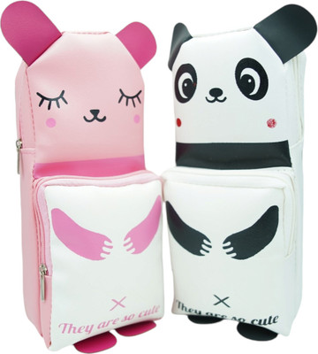 S.N. Collection pencil pouch/case panda designed, teddy Art Artificial Leather Pencil Boxes(Set of 1, White, Pink)