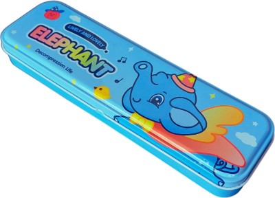 KARBD 2 Layer Compartment Hardtop Cartoon Elephant Design, School, Travel Stationery Art Metal Pencil Box(Set of 1, Blue)