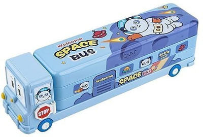 Kidszone Metal Double Decker Bus Shape Pencil Box for Kids with 3 Compartments Case Space bus Art Metal Pencil Box(Set of 1, Blue)