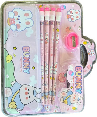 Teakwood Bunny Bunny Art Metal Pencil Box(Set of 1, Pink)