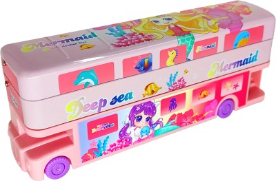 Johnnie Boy Mermaid Double Decker Pencil Box for Kids|London Bus | MErmaid Theme Art Metal Pencil Box(Set of 1, Pink)