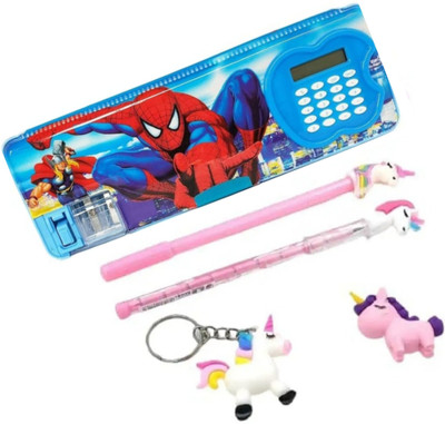 knob Spiderman series Calculator Geometry Art Plastic Pencil Box(Set of 5, Light Blue)