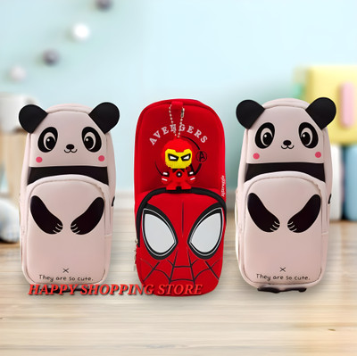 HAPPY SHOPPING STORE Fancy Panda + Spiderman Pencil Pouch School Pencil Cases for Boys and Girls Compartment Pencil Pouch Single Zipper Pencil Pouch Large Capacity Pencil Case Art Artificial Leather Pencil Boxes(Set of 3, White, Red)