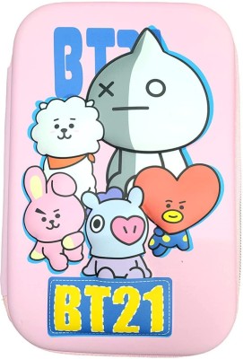 Paper Bear BTS ZIp Art Polyester Pencil Box(Set of 1, Pink, Light Blue)