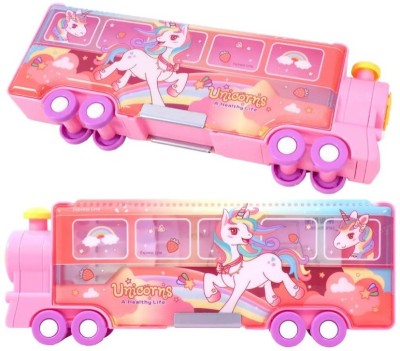 Mannat Unicorn Toy Train Shape Pencil Box with Theme|Sturdy movable Wheels|Inbuilt sharpener Art Plastic Pencil Box(Set of 1, Pink)