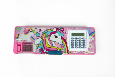 Krishna Enterprises Unicorn Geometry Box with Calculator | Printed Art Plastic Pencil Box(Set of 1, Pink)