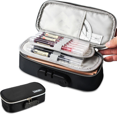 HASTHIP Waterproof 4 Layer Combination Lock Large Capacity Pencil Case, Pencil Pouch Nature Art Canvas Pencil Box(Set of 1, Black)