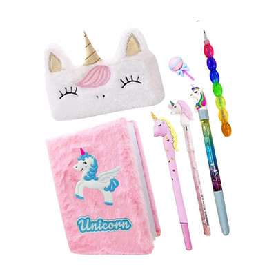 NSR Group 7 Pcs Unicorn Combo - Fur Diary/Fur Pouch/Pen/Pencil/Water Pen/Eraser Gift Set