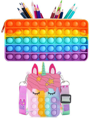 Trending Needs POPIT PENCIL POUCH AND SLING BAG COMBO FOR KIDS POP IT Art Polyester Pencil Box(Set of 2, Multicolor)