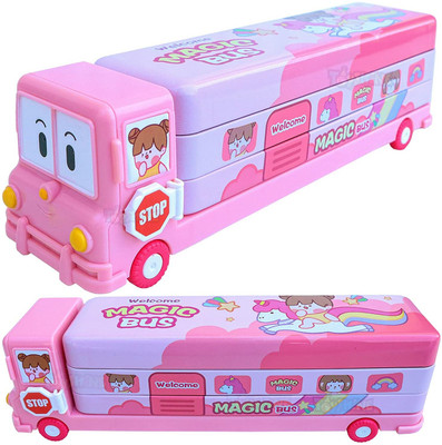 NXSVAA BUS PENCIL CASE WITH SHOPNER LARGE CAPACITY STRONG BODY PACK OF 1 Geometry Box(Pink)