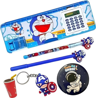 vvn Doramon Inbuilt Calculator & Sharpener for Girls and Boys Birthday Return Gift With Atractive Space Badge Pen Pencil Eraser & Keyring Art Plastic Pencil Box(Set of 6, White, Black)