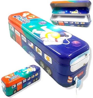 Trending Needs Space Bus Pencil Box with Moving Tyre // Space cartoon printed Bus Art Metal Pencil Box(Set of 1, Blue)